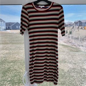 Striped Short Sleeve Ribbed Dress - Red, Black, Cream